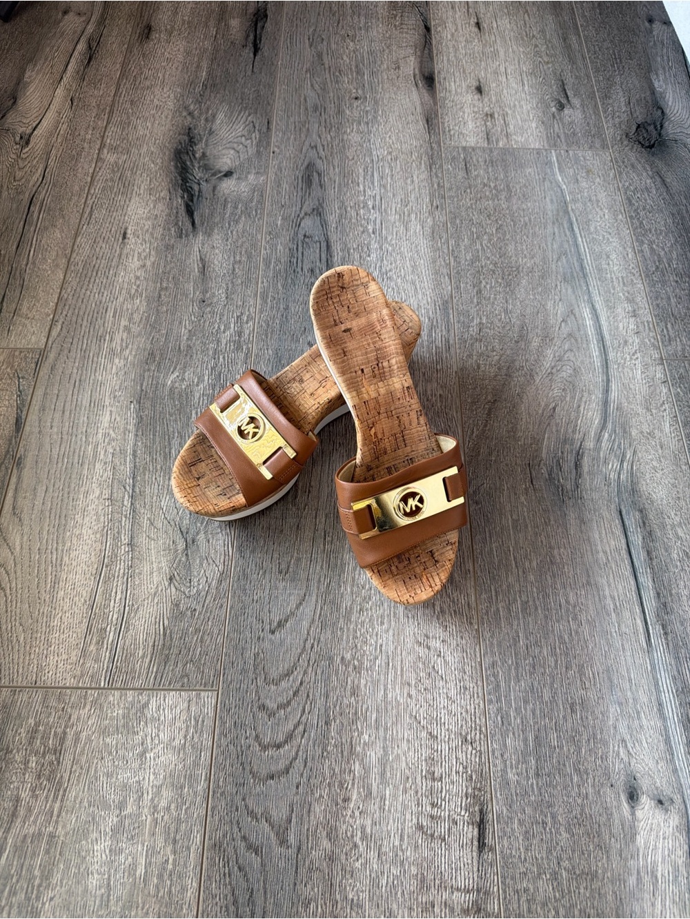 Michael Kors Tan Brown Slide Sandals with Gold MK Plaque